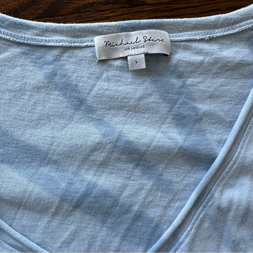 Michael Stars Blue Tie Dye Cotton T-Shirt Dress | Light Blue V-Neck Tee - Picture 4 of 13